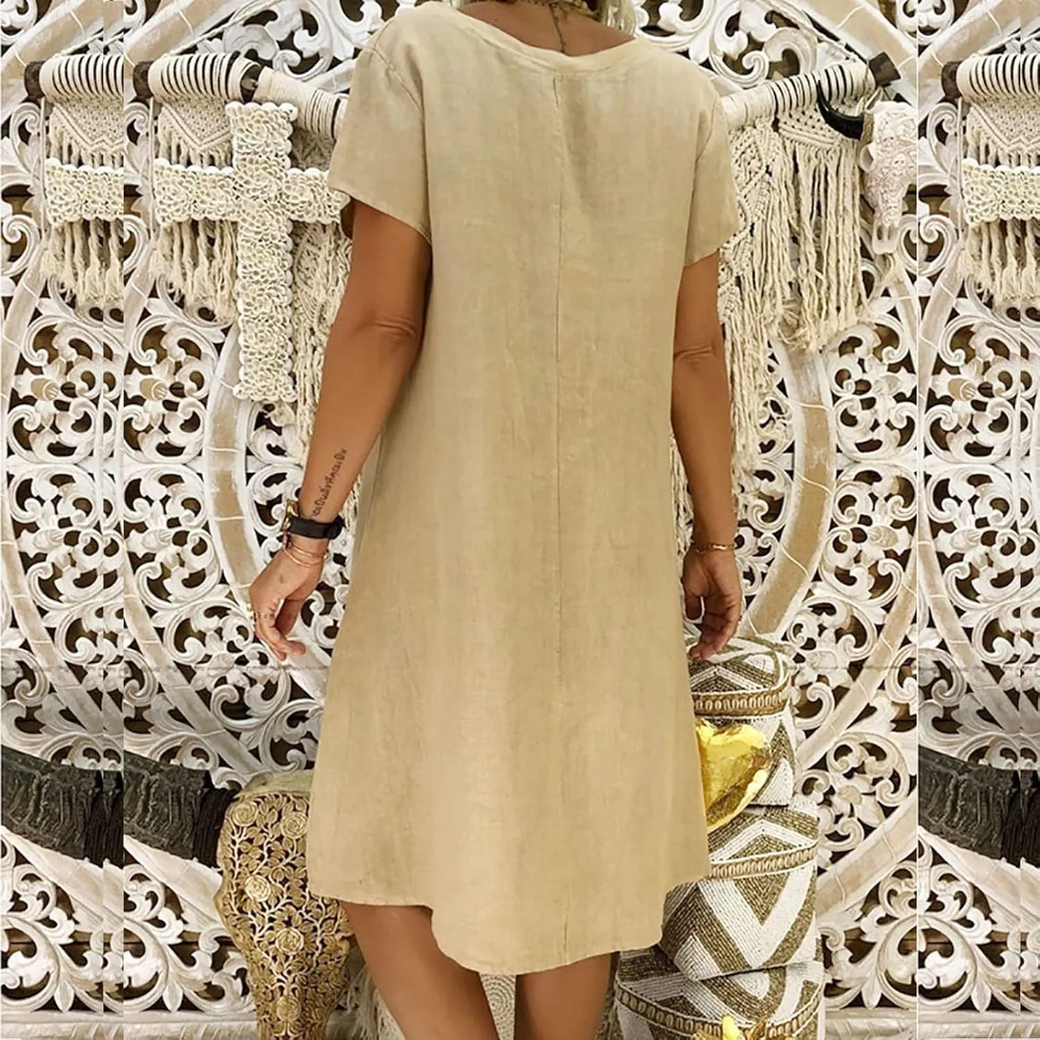 Womens Short Sleeve Cotton Linen Beach Dresses Simple Solid Color A Line Sundress V-Neck Loose Clothes