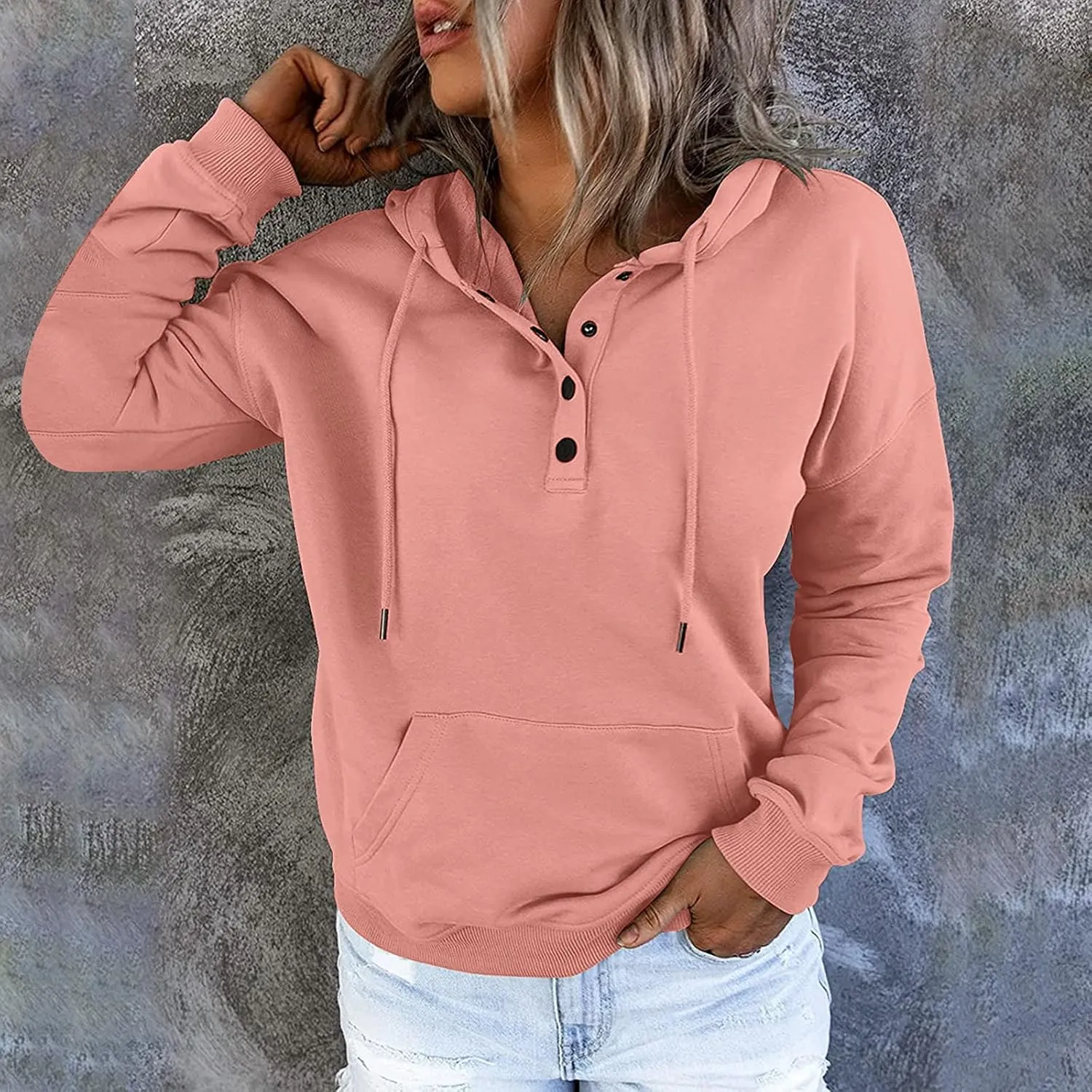 Womens Slub Knit Full-Zip Hoodie Long Sweatshirts Button Sleeve Casual Pullover V Drawstring Neck Hooded Down