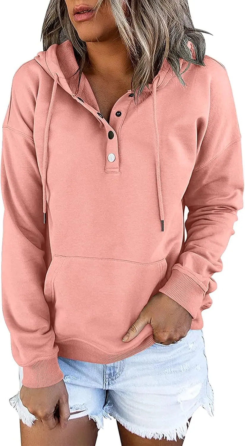 Womens Slub Knit Full-Zip Hoodie Long Sweatshirts Button Sleeve Casual Pullover V Drawstring Neck Hooded Down