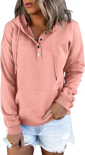 Womens Slub Knit Full-Zip Hoodie Long Sweatshirts Button Sleeve Casual Pullover V Drawstring Neck Hooded Down