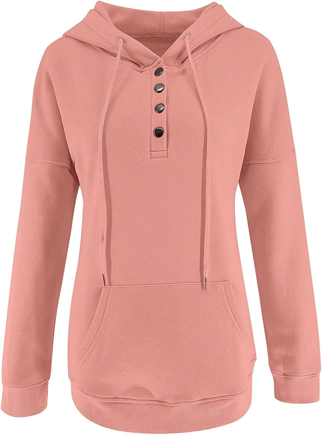Womens Slub Knit Full-Zip Hoodie Long Sweatshirts Button Sleeve Casual Pullover V Drawstring Neck Hooded Down