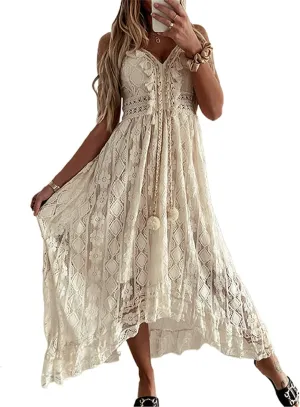 Women's Summer Long Dresses Spaghetti Strap V-Neck Lace Hem Maxi Dresses Sleeveless Swing Sundress Vacation Beachwear