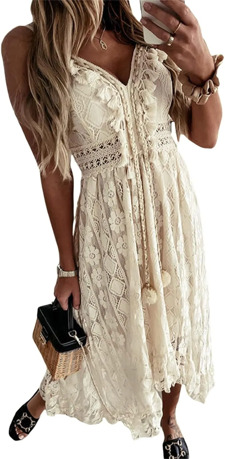 Women's Summer Long Dresses Spaghetti Strap V-Neck Lace Hem Maxi Dresses Sleeveless Swing Sundress Vacation Beachwear