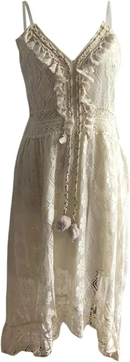 Women's Summer Long Dresses Spaghetti Strap V-Neck Lace Hem Maxi Dresses Sleeveless Swing Sundress Vacation Beachwear