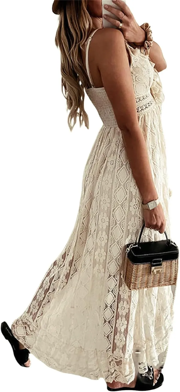 Women's Summer Long Dresses Spaghetti Strap V-Neck Lace Hem Maxi Dresses Sleeveless Swing Sundress Vacation Beachwear