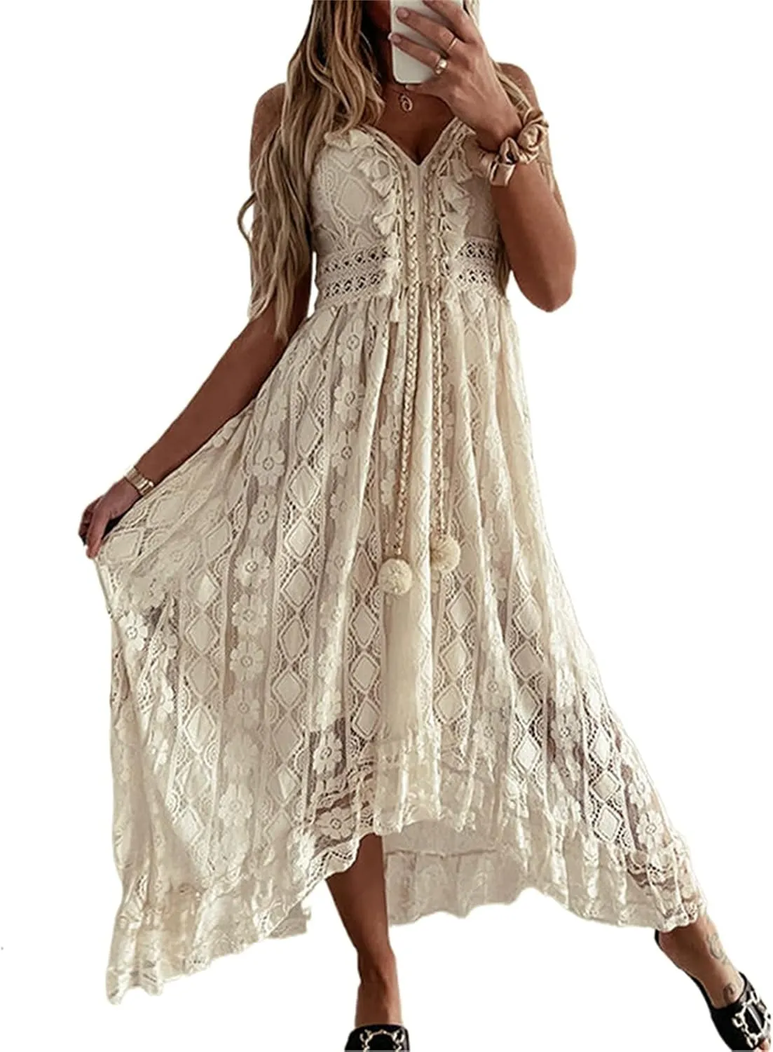 Women's Summer Long Dresses Spaghetti Strap V-Neck Lace Hem Maxi Dresses Sleeveless Swing Sundress Vacation Beachwear