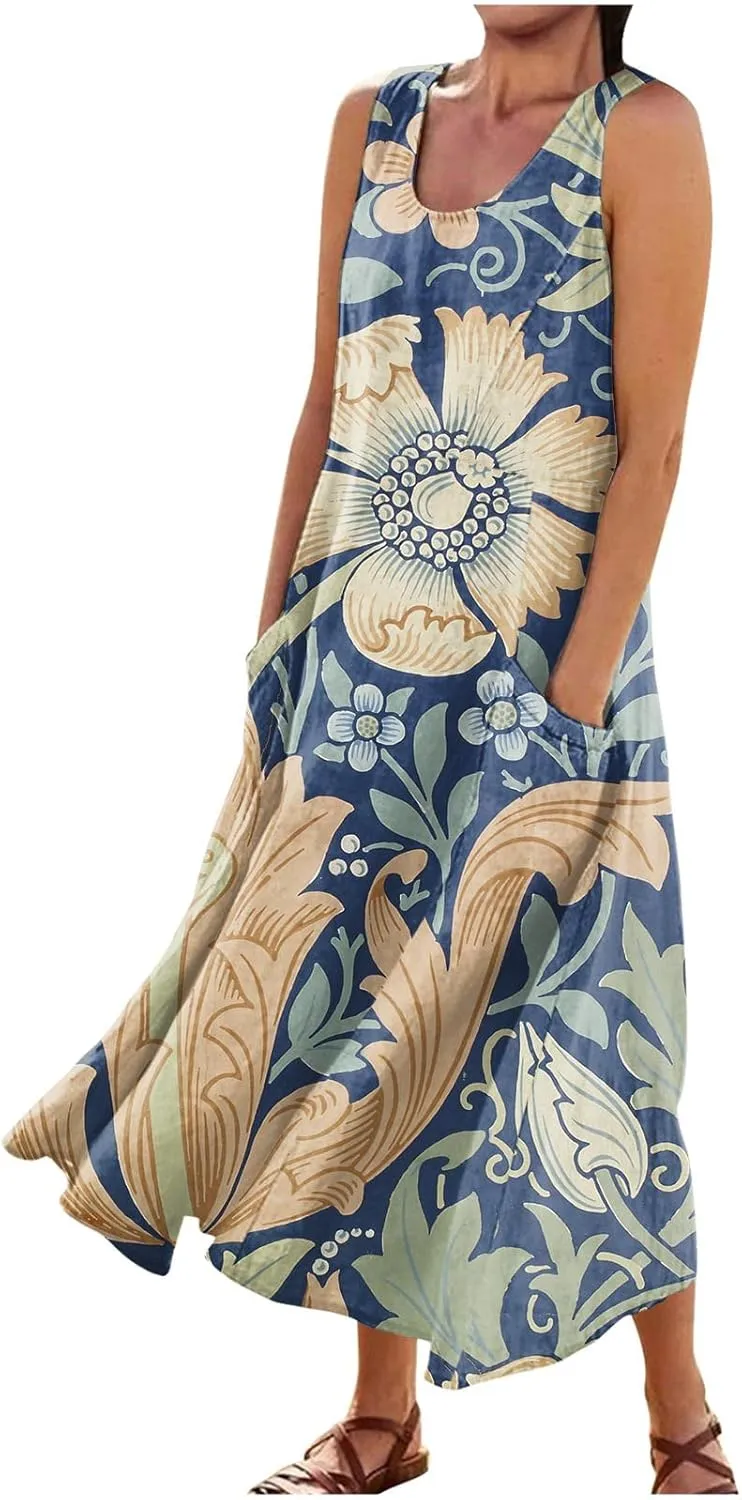 Women's Summer Sleeveless Cotton Tank Dress Casual Loose A-Line Midi Long Beach Dresses Sundress with Pockets