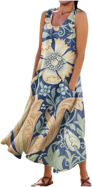 Women's Summer Sleeveless Cotton Tank Dress Casual Loose A-Line Midi Long Beach Dresses Sundress with Pockets