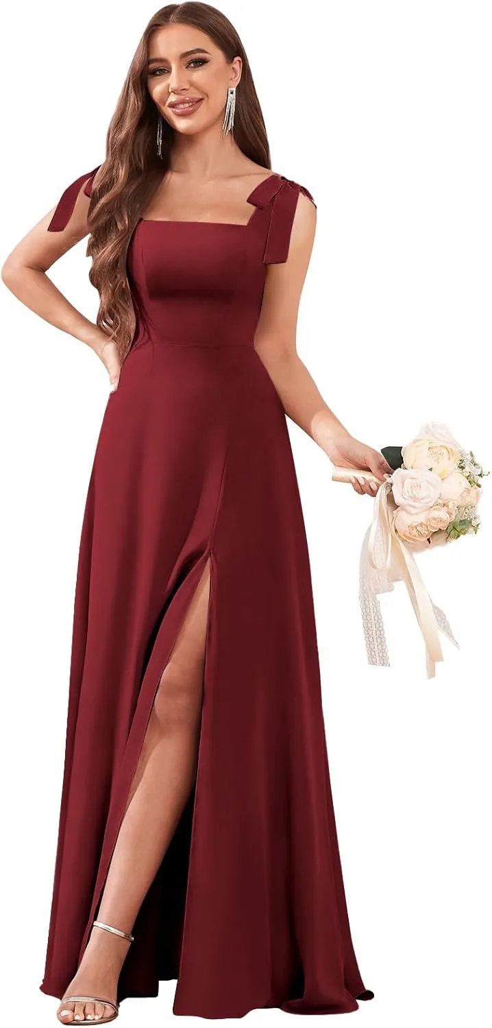 Women's Tie Strap Bridesmaid Dresses with Slit Square Neck Chiffon A Line Long Formal Evening Dress