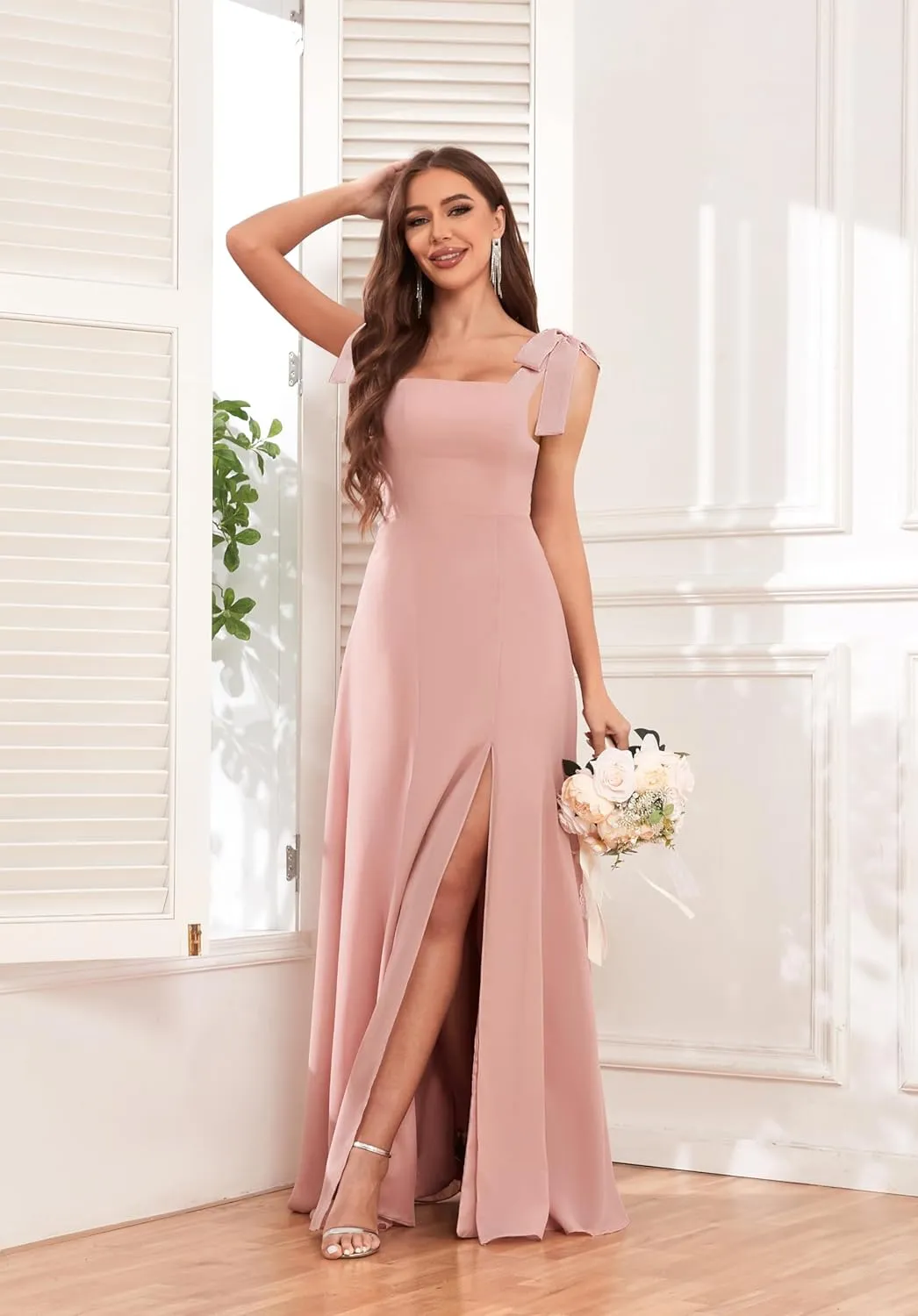 Women's Tie Strap Bridesmaid Dresses with Slit Square Neck Chiffon A Line Long Formal Evening Dress