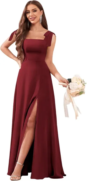 Women's Tie Strap Bridesmaid Dresses with Slit Square Neck Chiffon A Line Long Formal Evening Dress