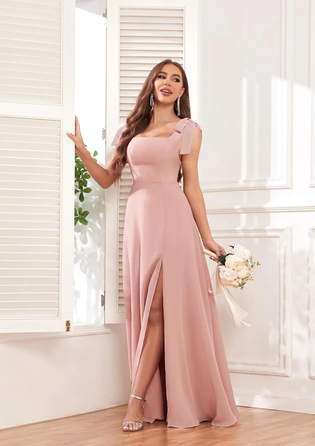 Women's Tie Strap Bridesmaid Dresses with Slit Square Neck Chiffon A Line Long Formal Evening Dress