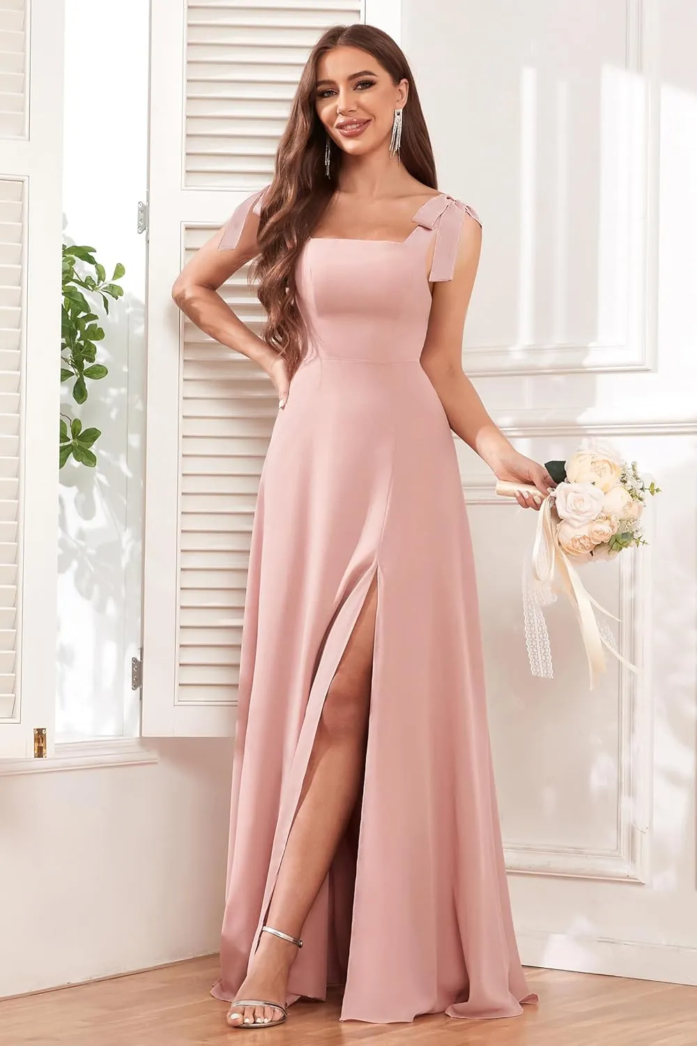 Women's Tie Strap Bridesmaid Dresses with Slit Square Neck Chiffon A Line Long Formal Evening Dress