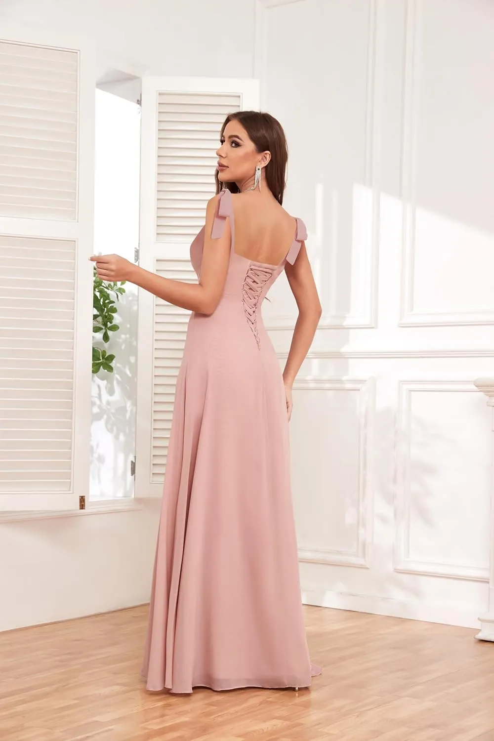 Women's Tie Strap Bridesmaid Dresses with Slit Square Neck Chiffon A Line Long Formal Evening Dress