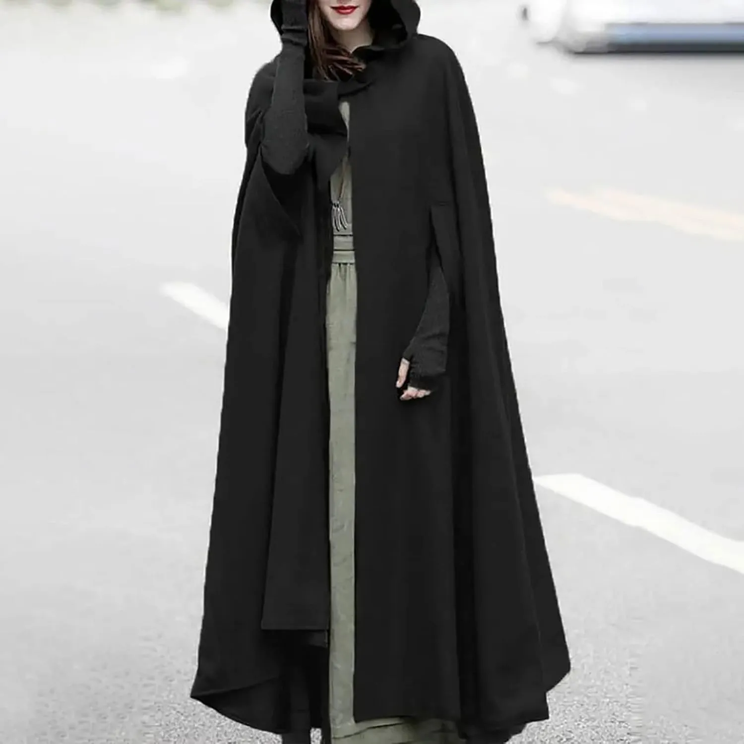 Women's Trench Coat Gothic Long Cloak Autumn And Winter Hoodies Robe Wool Blend Hooded Cape Poncho Maxi Cloak Coat