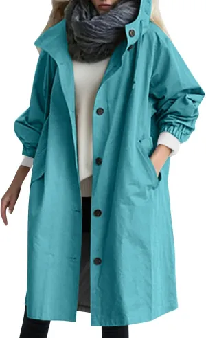Womens Trench Coat Lightweight Raincoat Waterproof Long Hooded Trench Coat Lined Plus Size Windbreaker Elegant Jacket