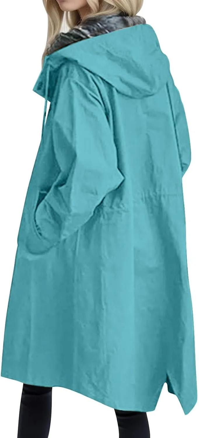 Womens Trench Coat Lightweight Raincoat Waterproof Long Hooded Trench Coat Lined Plus Size Windbreaker Elegant Jacket