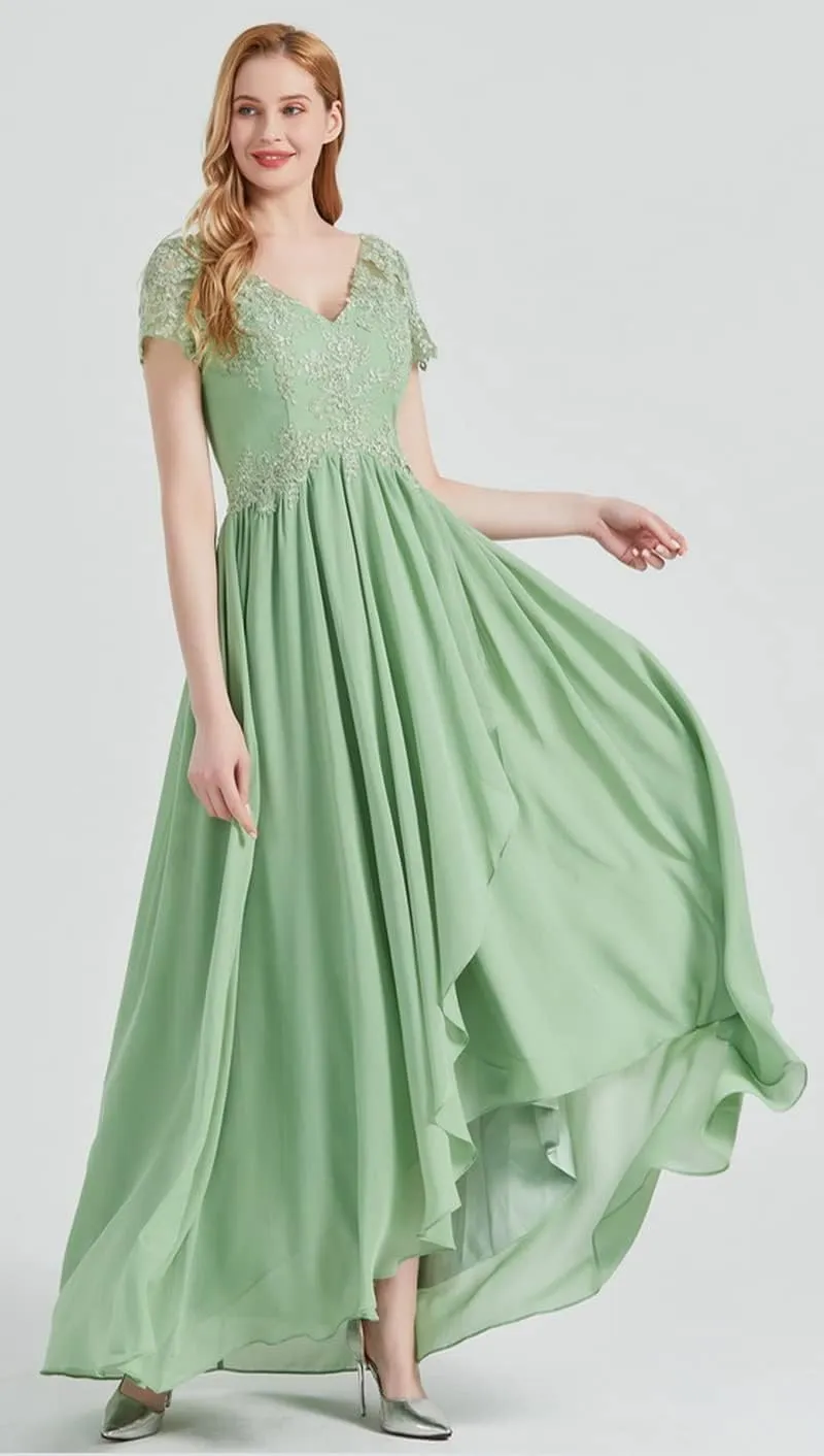 Women's V Neck Lace Mother of The Bride Dress with Sleeves Chiffon Ruffles Long Evening Formal Gown for Wedding