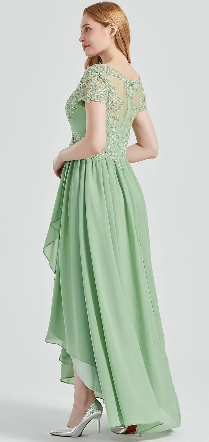 Women's V Neck Lace Mother of The Bride Dress with Sleeves Chiffon Ruffles Long Evening Formal Gown for Wedding