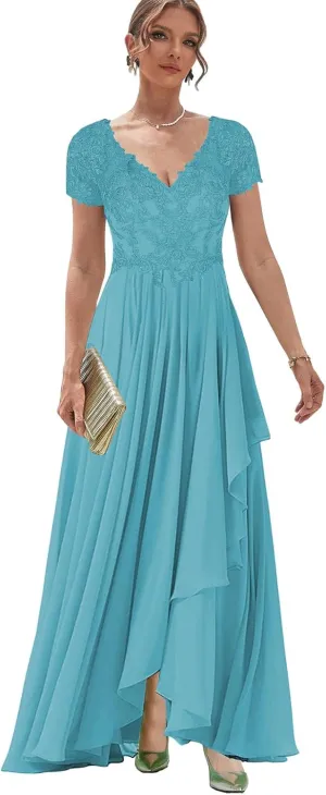 Women's V Neck Lace Mother of The Bride Dress with Sleeves Chiffon Ruffles Long Evening Formal Gown for Wedding