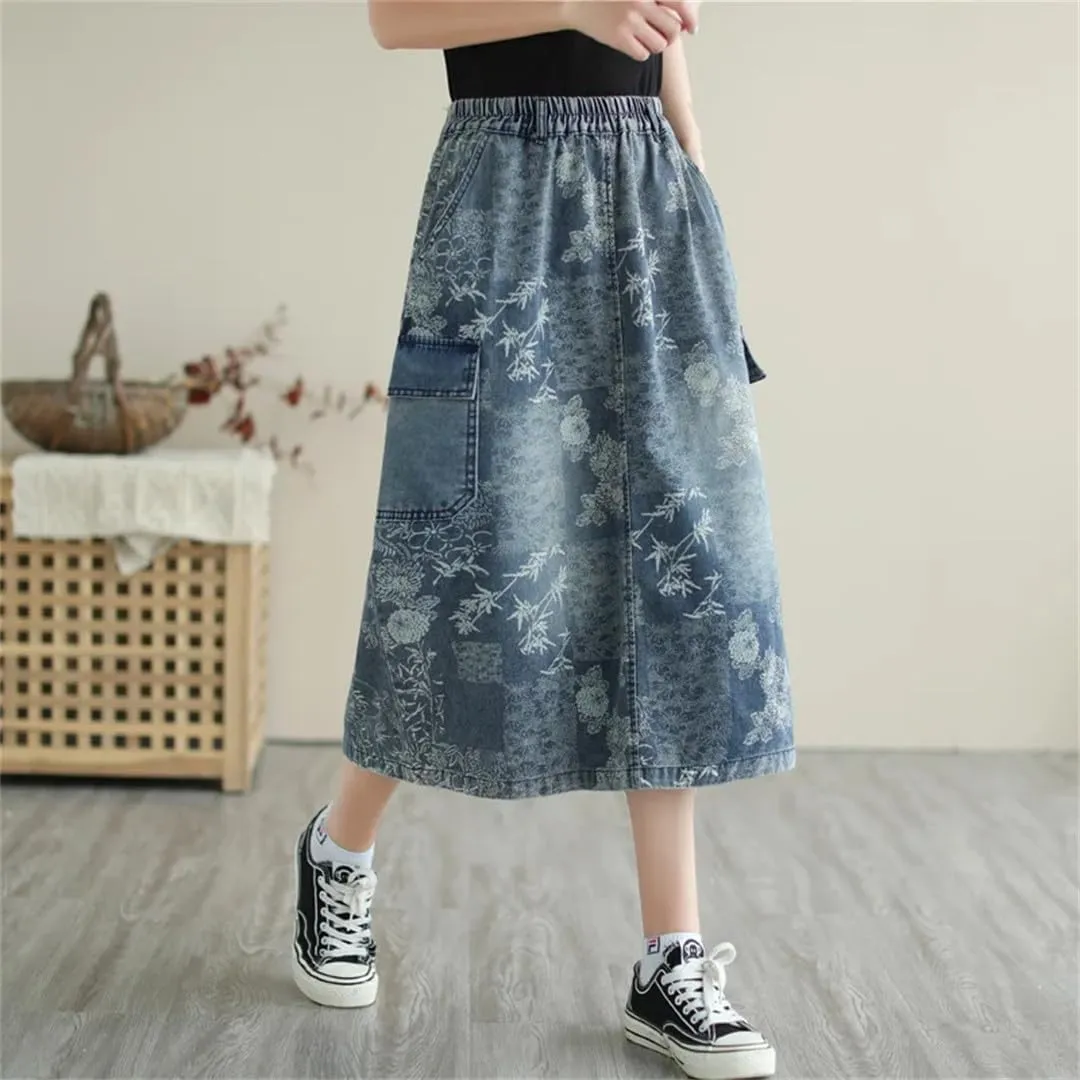 Women's Vintage Floral Denim Skirt Midi Stretch Skirt High Waist Loose Denim Skirt