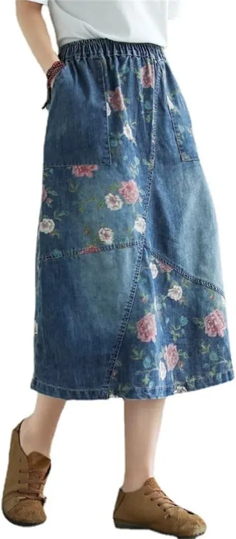 Women's Vintage Floral Denim Skirt Midi Stretch Skirt High Waist Loose Denim Skirt