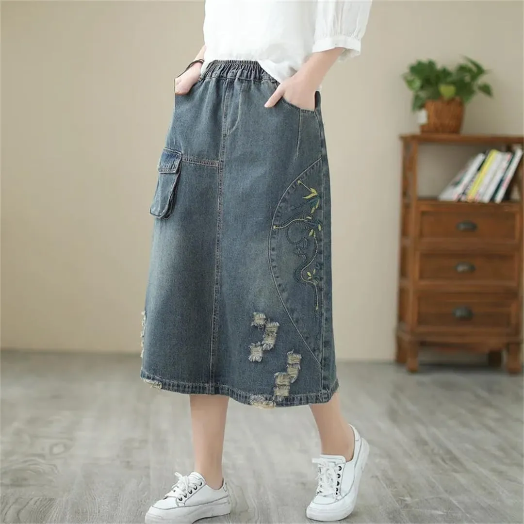 Women's Vintage Floral Denim Skirt Midi Stretch Skirt High Waist Loose Denim Skirt