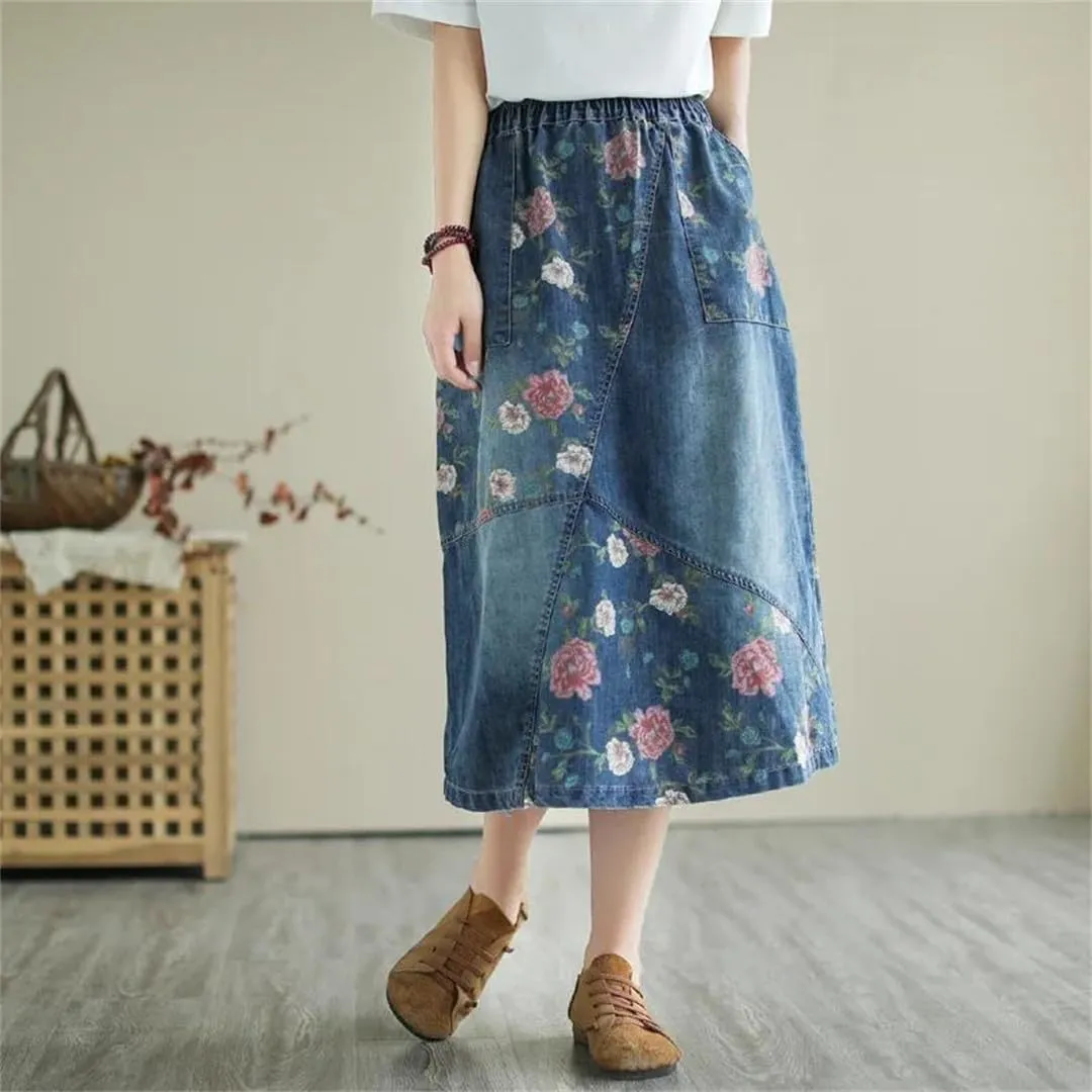 Women's Vintage Floral Denim Skirt Midi Stretch Skirt High Waist Loose Denim Skirt