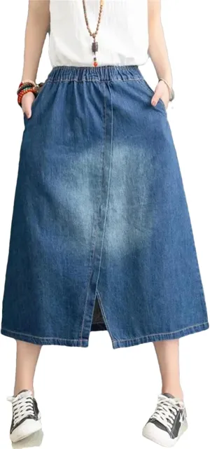 Women's Vintage Floral Denim Skirt Midi Stretch Skirt High Waist Loose Denim Skirt