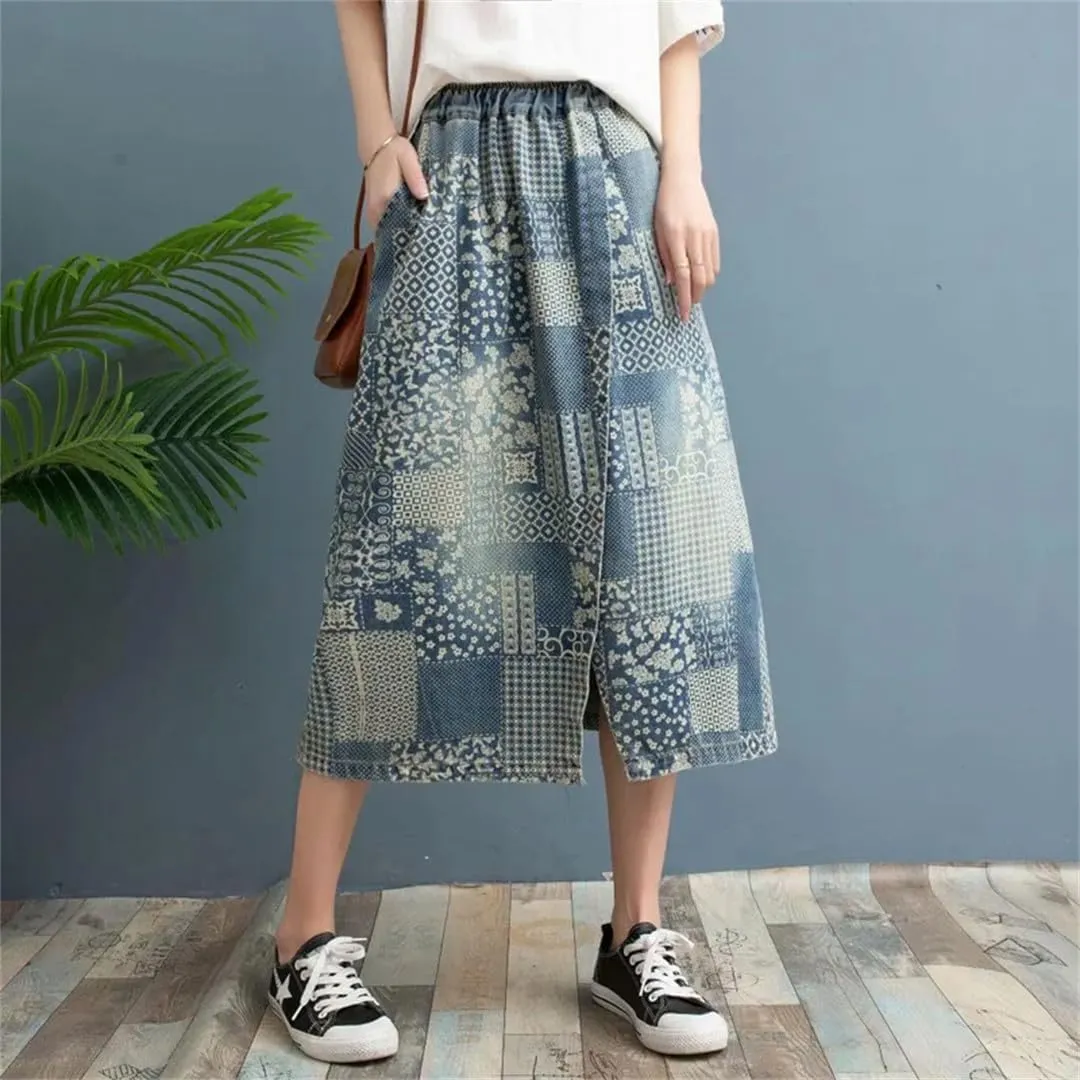 Women's Vintage Floral Denim Skirt Midi Stretch Skirt High Waist Loose Denim Skirt