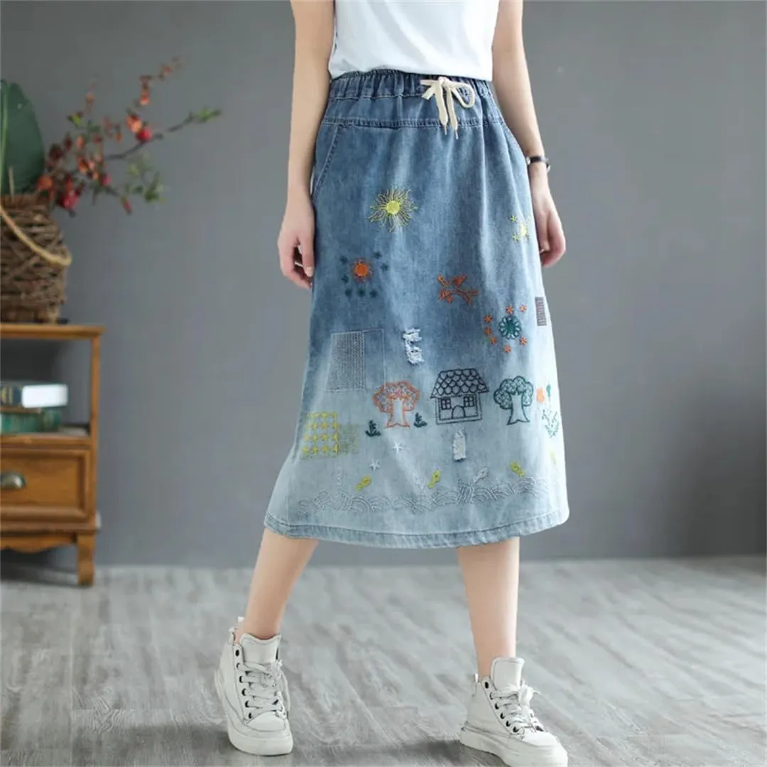 Women's Vintage Floral Denim Skirt Midi Stretch Skirt High Waist Loose Denim Skirt
