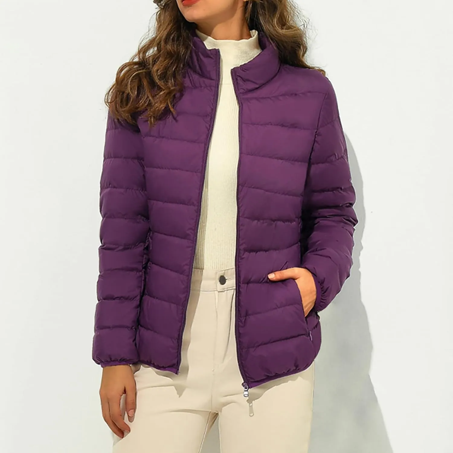 Women's Winter Coat Quilted Puffer Jacket Stand Collar Warm Down Coat Lightweight Zip Up Casual Cotton-Padded Clothes