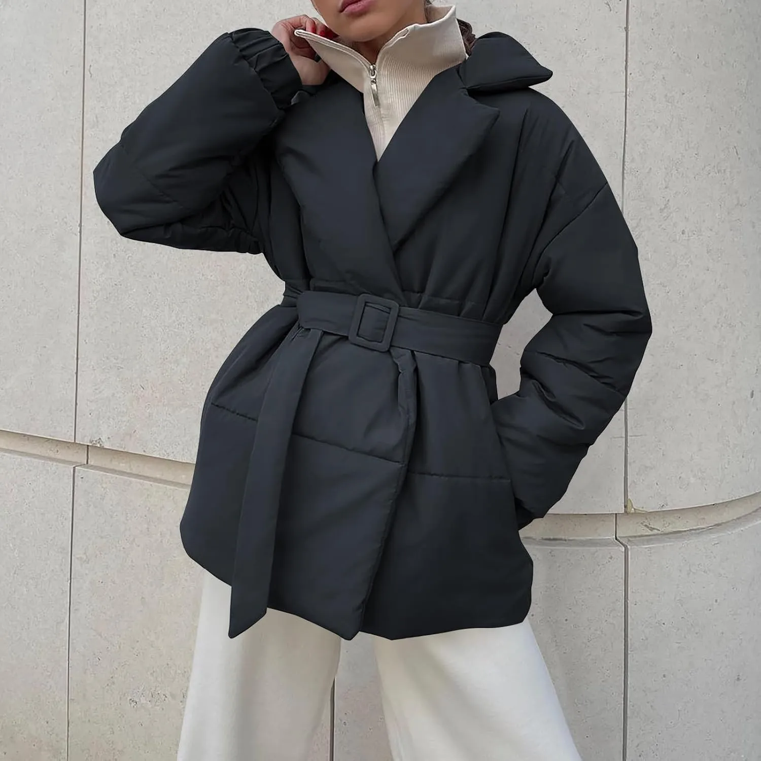 Womens Winter Coats Fashion Belted Puffer Jacket Lightweight Quilted Hooded Long Down Jacket Padded Parka Wrap Coats