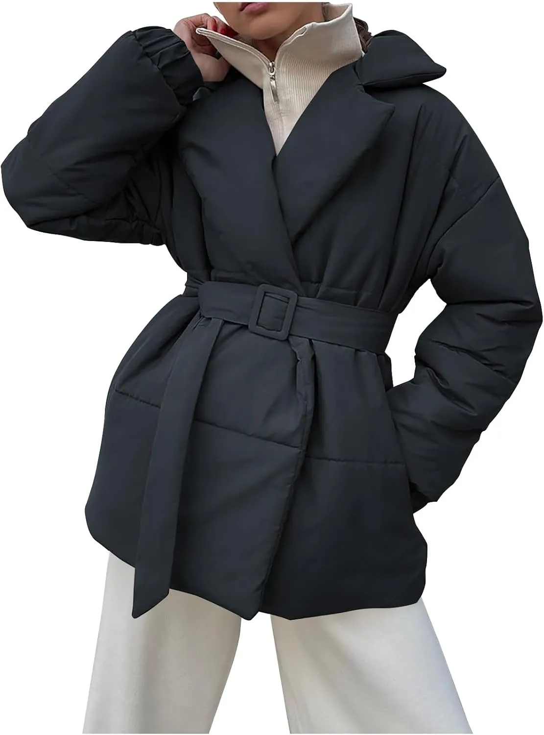 Womens Winter Coats Fashion Belted Puffer Jacket Lightweight Quilted Hooded Long Down Jacket Padded Parka Wrap Coats