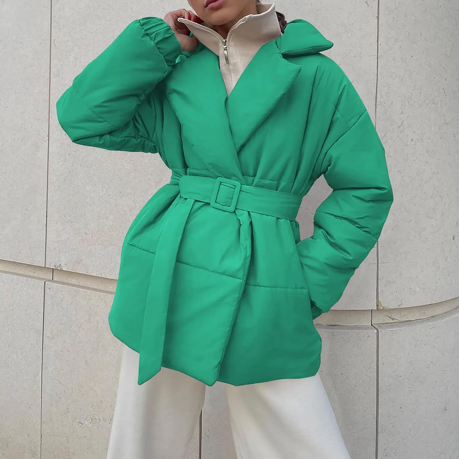 Womens Winter Coats Fashion Belted Puffer Jacket Lightweight Quilted Hooded Long Down Jacket Padded Parka Wrap Coats