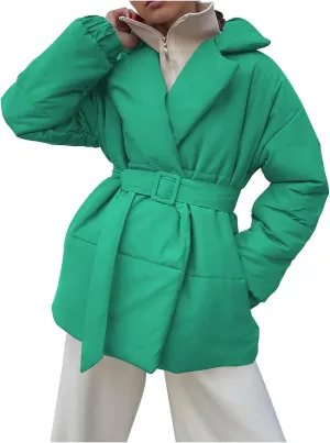 Womens Winter Coats Fashion Belted Puffer Jacket Lightweight Quilted Hooded Long Down Jacket Padded Parka Wrap Coats
