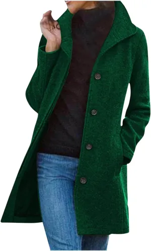Womens Winter Wool Blend Coat Solid Single Breasted Stand Collar Pea Coat Casual Loose Thicken Warm Trench Coat