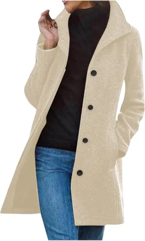 Women's Wool Blend Jackets Stand Collar Single Breasted Pea Coat Winter Fall Casual Business Long Trench Coat Outwear