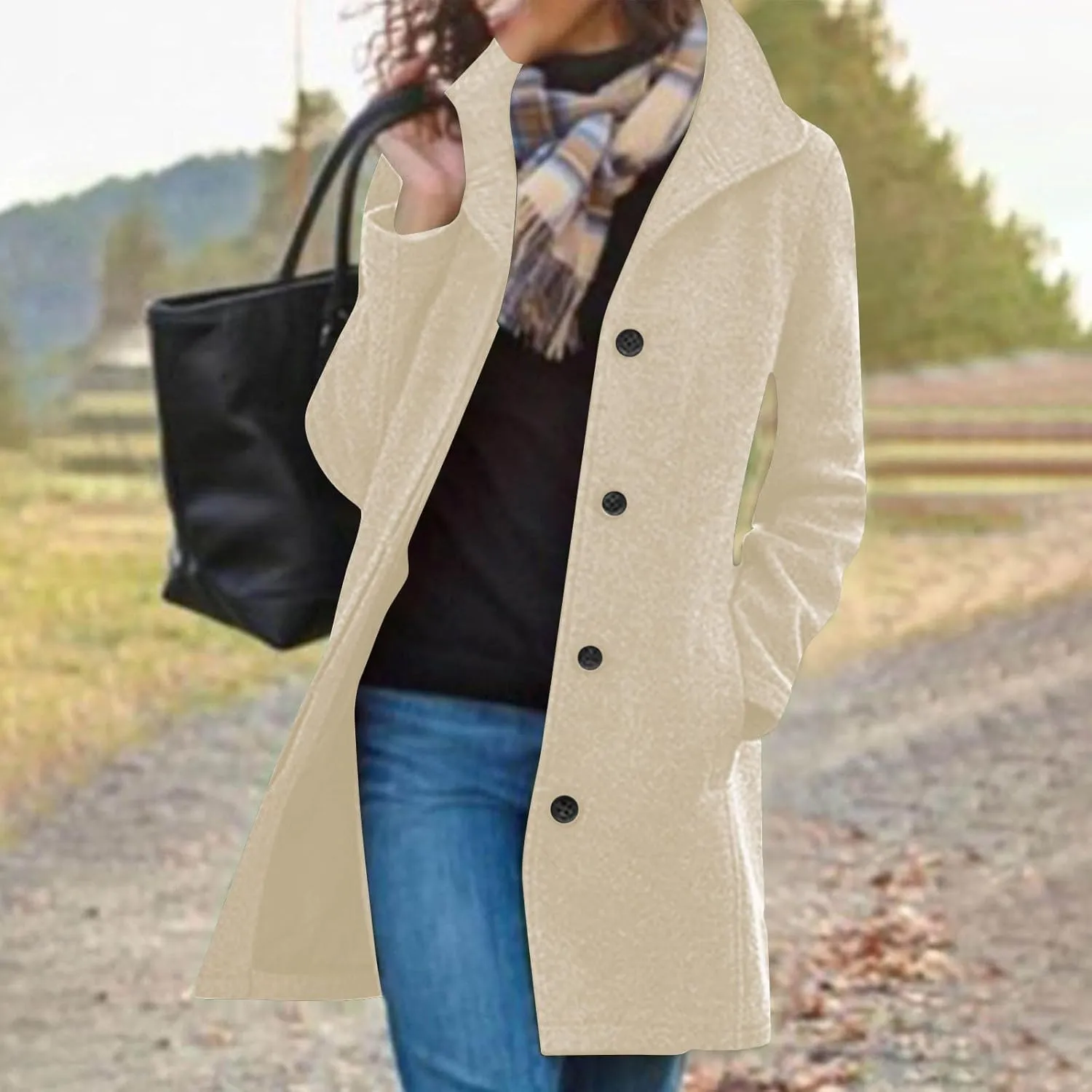 Women's Wool Blend Jackets Stand Collar Single Breasted Pea Coat Winter Fall Casual Business Long Trench Coat Outwear