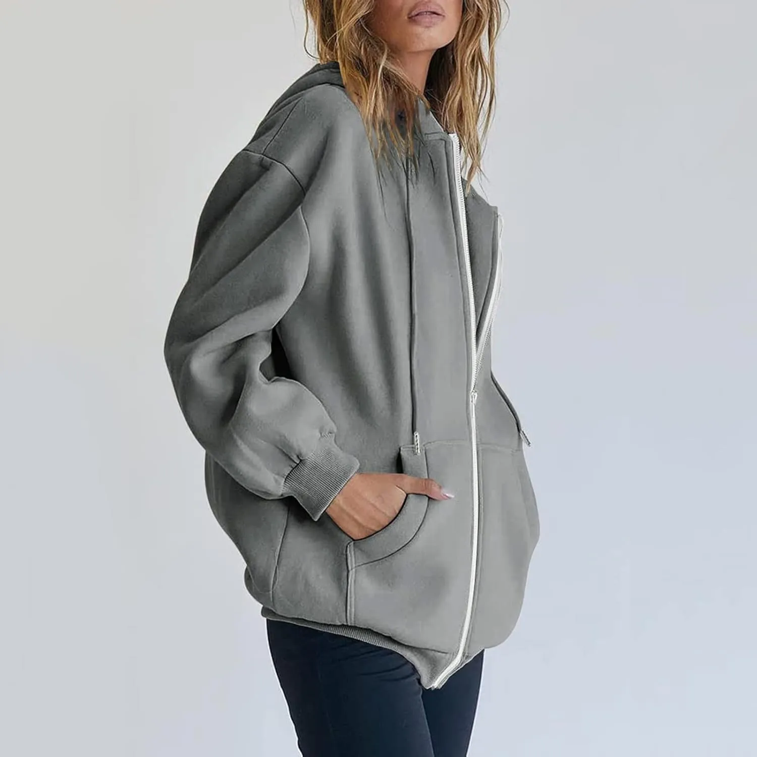 Womens Zip Up Hoodies Long Sleeve Fall Oversized Sweatshirts Casual Plain Fleece Jacket with Pockets Y2K Clothes Outwear
