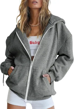 Womens Zip Up Hoodies Long Sleeve Fall Oversized Sweatshirts Casual Plain Fleece Jacket with Pockets Y2K Clothes Outwear