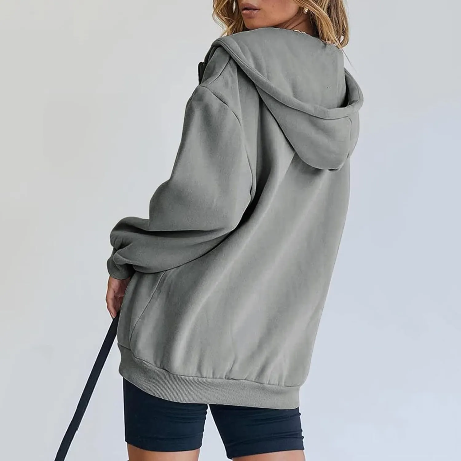 Womens Zip Up Hoodies Long Sleeve Fall Oversized Sweatshirts Casual Plain Fleece Jacket with Pockets Y2K Clothes Outwear