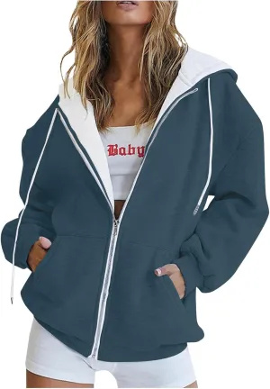 Womens Zip Up Hoodies Oversized Long Sleeve Sweatshirts Casual Hoodie 2025 Fall Jacket with Pockets Sweaters
