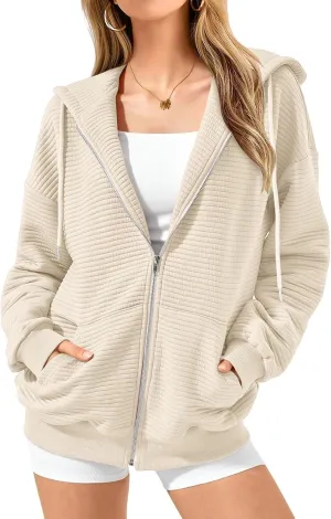 Womens Zip Up Hoodies Y2k Long Sleeve Cute Trendy Fleece Jacket Comfort Loose Fit Oversized Sweatshirt with Pockets
