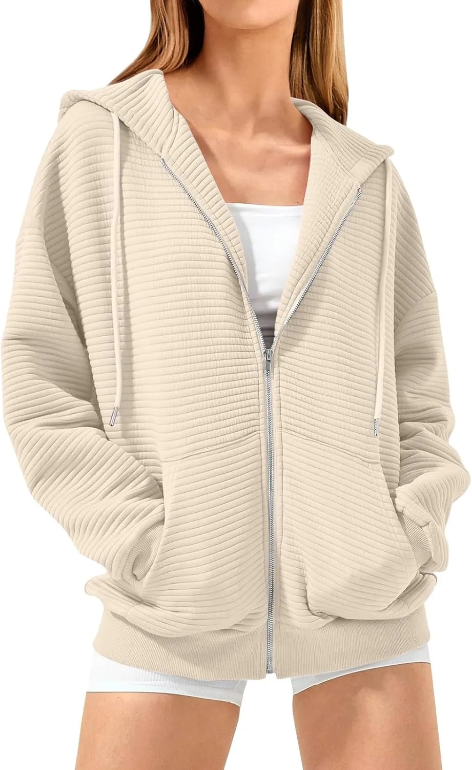 Womens Zip Up Hoodies Y2k Long Sleeve Cute Trendy Fleece Jacket Comfort Loose Fit Oversized Sweatshirt with Pockets