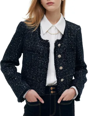 Wool Blend Tweed Blazers for Women Business Casual Knit Blazer Cropped Jacket for Women