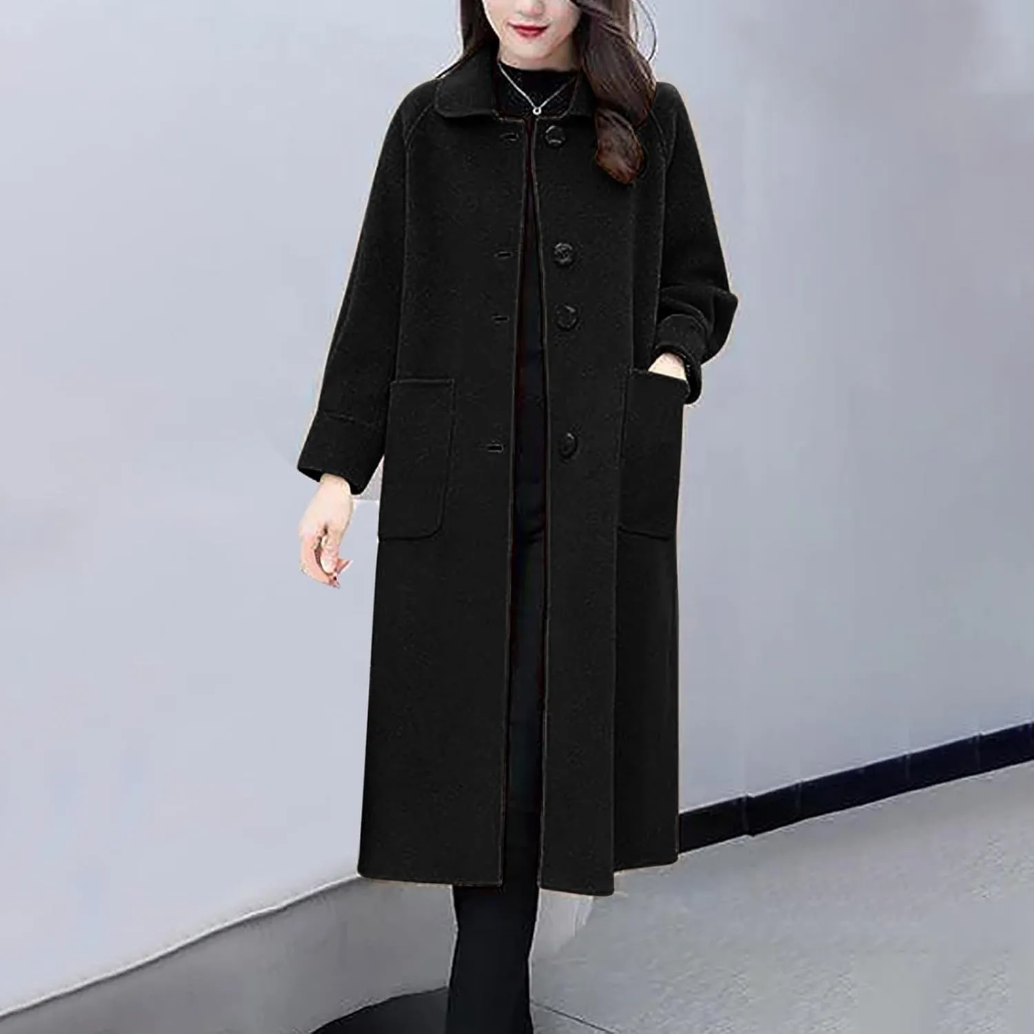 Wool Coats for Women Winter Warm Wool Blend Pea Coat Single Breasted Lapel Collared Trench Coat Overcoat with Pockets