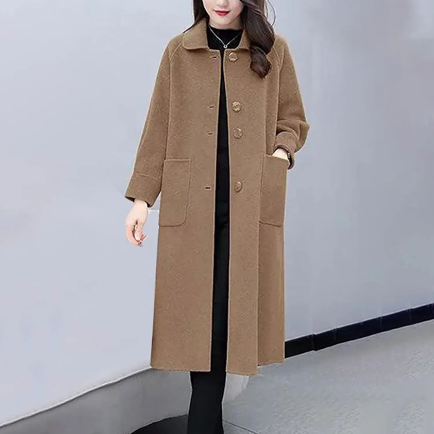 Wool Coats for Women Winter Warm Wool Blend Pea Coat Single Breasted Lapel Collared Trench Coat Overcoat with Pockets