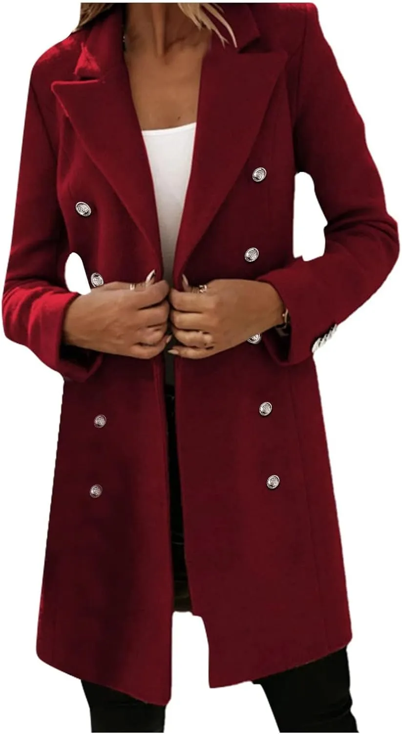 Wool Trench Coat Women Double Breasted Pea Coat Casual Long Sleeve Blazer Notch Collar Jacket Fall Winter Overcoat