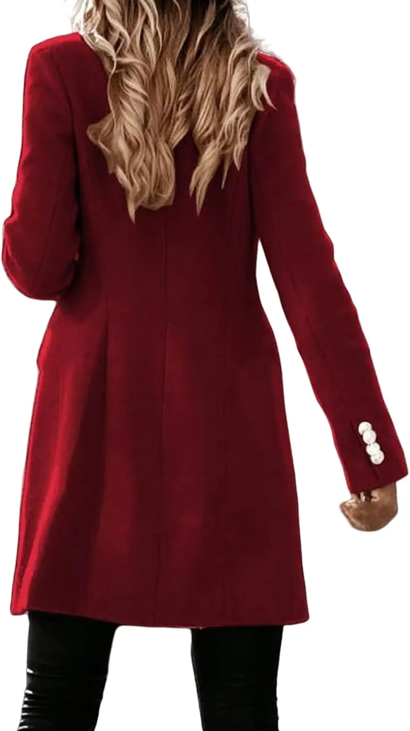 Wool Trench Coat Women Double Breasted Pea Coat Casual Long Sleeve Blazer Notch Collar Jacket Fall Winter Overcoat
